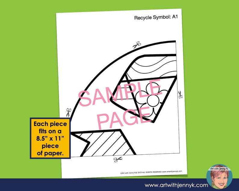 May include: Black and white printable craft activity for creating a recycle symbol. The image shows the cut-out pieces of the symbol, with instructions to fit each piece on an 8.5 x 11 inch piece of paper. The text "Recycle Symbol: A1" is at the top of the page.