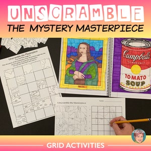 Peut inclure: Un ensemble d'activités de grille imprimables pour les enfants. L'image montre une grille avec une image de la Joconde, une boîte de soupe tomate Campbell's et une grille vierge pour que les enfants puissent la colorier.
