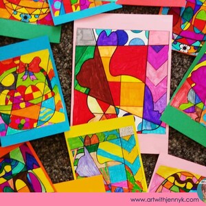 May include: A collection of colorful abstract art cards with geometric shapes and patterns. The cards are made with different colored paper and markers. The cards are all different sizes and shapes.