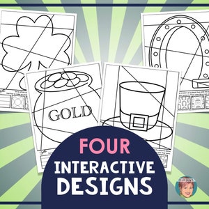 May include: Four black and white printable coloring pages with a St. Patrick's Day theme. The designs include a shamrock, a pot of gold, a leprechaun hat, and a horseshoe. Each design has a grid overlay for interactive coloring.