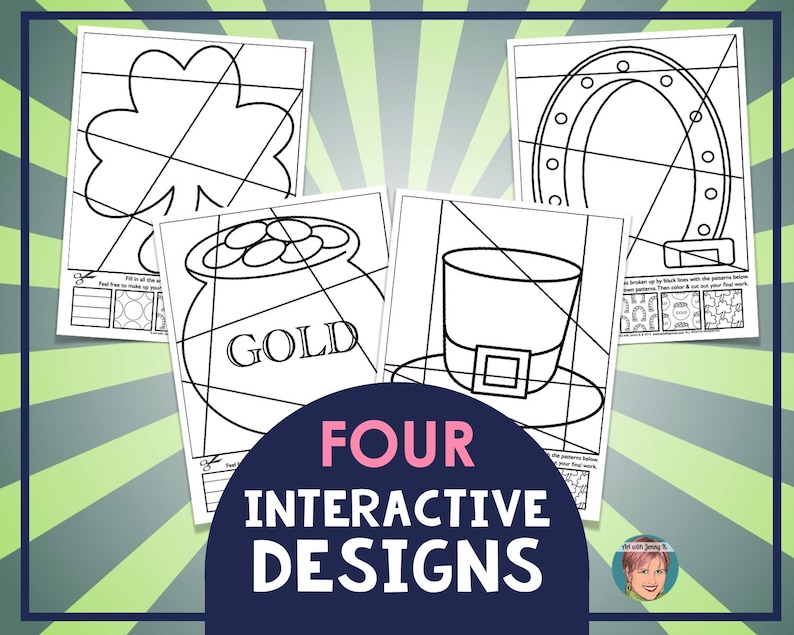 May include: Four black and white printable coloring pages with a St. Patrick's Day theme. The designs include a shamrock, a pot of gold, a leprechaun hat, and a horseshoe. Each design has a grid overlay for interactive coloring.