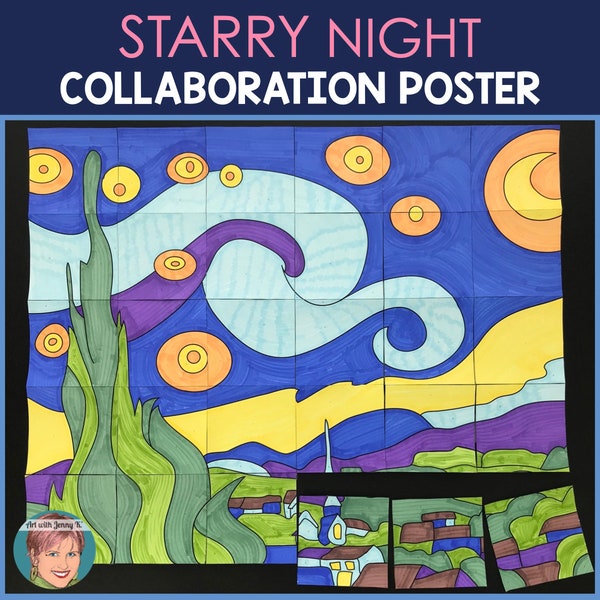 Printable Starry Night by Vincent van Gogh Classroom Collaboration Poster | Easy Art History Activity for Kids & Great Sub Plan!