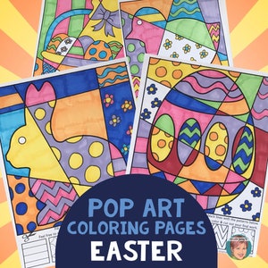 May include: Four printable coloring pages featuring Easter-themed pop art designs. The designs include a bunny, an egg, a basket, and a chick. The pages are black and white with outlines for coloring.