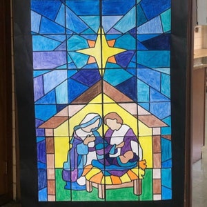 Poster stampabile da colorare con la scena della Natività "Vetrata colorata" / Attività natalizia cristiana / Avvento divertente / Bacheca della chiesa!
