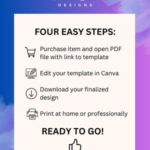 May include: Four easy steps to create a design: purchase the item, open the PDF file with a link to the template, edit the template in Canva, download the finalized design, and print at home or professionally. Ready to go! Thumbs up.
