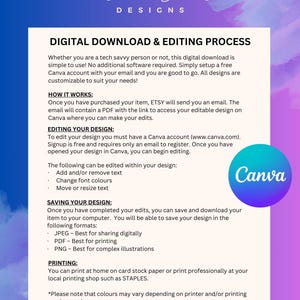 May include: A digital download and editing process guide for Etsy buyers. The guide explains how to access and edit a design using Canva, save the design in different formats, and print it at home or at a local printing shop. The guide also mentions that colors may vary depending on the printer and printing service used.