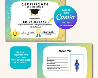 Editable Kindergarten Graduation Certificate, Preschool Diploma Template Teacher Resource (Digital Download)