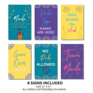 May include: Six printable signs with colorful backgrounds and text in a variety of fonts. The signs feature phrases like "Nankes are here!" and "Game Over Dadke". The signs are 11 inches by 17 inches and are customizable in Canva.