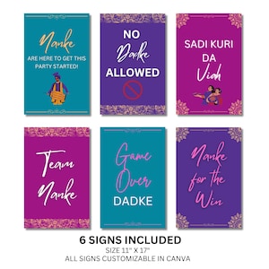 May include: Six printable signs with a colorful floral border and gold text. The signs feature text in English and Hindi, including "Manke", "No Dadke Allowed", "Sadi Kuri Da Viah", "Team Manke", "Game Over Dadke", and "Manke for the Win". The signs are 11 inches by 17 inches.