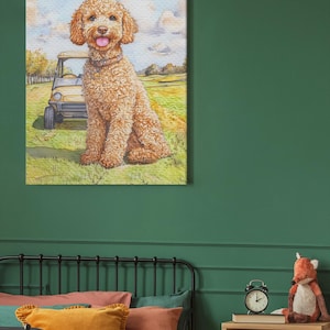 ウォールアートポスター、ゴルフカートの背景付きゴールデンドゥードル犬の水彩画プリント、落書き犬愛好家へのギフト、ゴルフと落書きアートプリント、ホームデコレーション