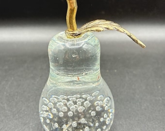 Vtg Albert Price Clear Glass Pear Paperweight Blown Bubbles & Brass Stem