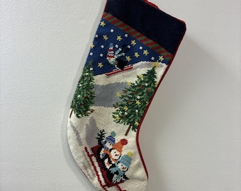 Calcetín navideño de punto de aguja Lands End EUC Pingüino Esquí Trineo James Wool