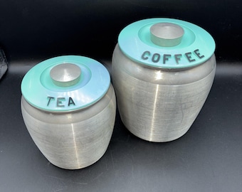 Vintage 2 KROMEX Aluminum COFFEE & TEA Canister 1950s Mid Century Turquoise Lids