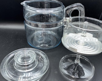 Caffettiera a percolazione in vetro Pyrex Flameware Vintage da 6 tazze, modello 7756, colore blu.