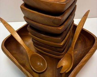 Vintage MCM Monkey Pod Wood 11 Piece Salad Set