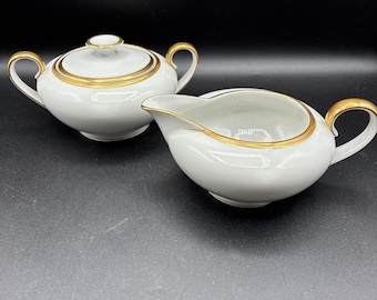 Vintae BAVARIA TIRSCHENKREUTH Sahne & Zucker mit Deckel Kolonialstil Bone China Gold Stripe