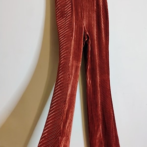 May include: Rust-colored, pleated pants with a flared leg. The pants are hanging on a white hanger against a white wall. The fabric has a vertical ribbed texture, and the pants have a high waist design.