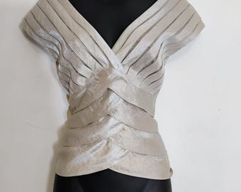 Vintage Victor Costa Cocktail Tiered Blouse Gown Beige Champaign V Neck Size 8