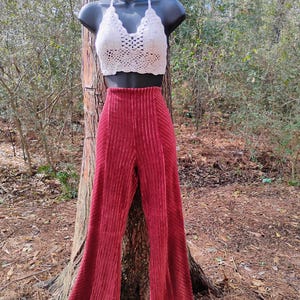 May include: A white crochet halter top and high-waisted, wide-leg, burgundy velvet pants displayed on a mannequin. The pants have vertical pleats. The outfit is displayed outdoors against a tree trunk.
