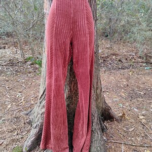 May include: Rust-colored, high-waisted, wide-leg pants. The pants have a vertical ribbed texture and a flared bottom. The fabric appears to be a soft, velvet-like material. The pants are shown against a natural outdoor background.