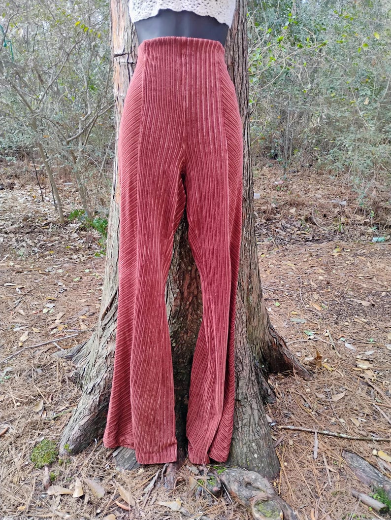 May include: Rust-colored, high-waisted, wide-leg pants. The pants have a vertical ribbed texture and a flared bottom. The fabric appears to be a soft, velvet-like material. The pants are shown against a natural outdoor background.