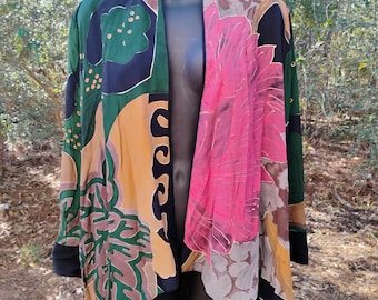 Vintage 80s Floral Kimono Cardigan Kaftan - Carole Little, Size 12