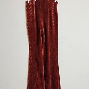 May include: Rust-colored, pleated palazzo pants hanging on a white hanger. The pants have a wide leg and a high waist. The fabric has a vertical ribbed texture.
