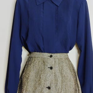Vintage Chiffon Secretary Blouse: 80s-90s Navy Blue Shoulder Pads