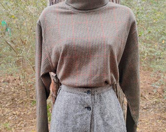 90s Vintage Houndstooth Plaid Top: Lands End Cotton Mock Neck