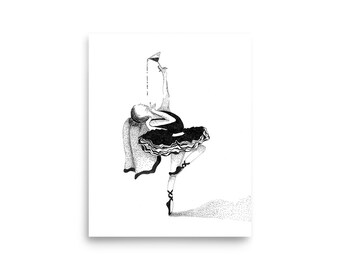 May include: A black and white illustration of a ballerina in a black tutu, holding a glass of wine. The ballerina is in mid-air, with her leg extended and her other leg bent at the knee. The illustration is done in a stippling style, with small dots of ink creating the image.