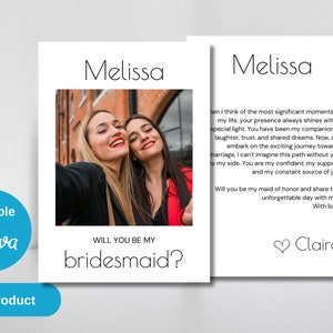Editable Bridesmaid Proposal Canva Template - Photo Design, Bridesmaid Card, Printable Will You Be My Maid of Honor?