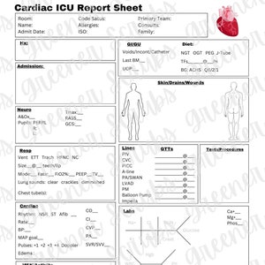以下が含まれることがあります： 白と緑の心臓ICUレポートシート。患者情報、バイタルサイン、医療処置のセクションがあります。赤いハートのグラフィックとデータの記録エリアが含まれています。医療専門家向けです。