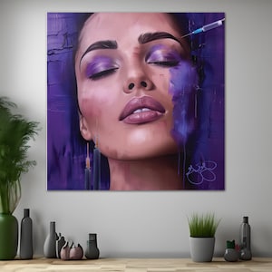 May include: A close-up of a woman's face with purple eyeshadow and a syringe near her eye. The background is a purple and blue abstract painting.