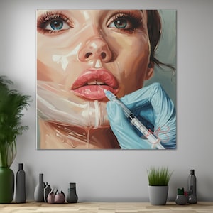 May include: A close-up painting of a woman's face with a clear plastic sheet over her lips. A gloved hand holds a syringe injecting a substance into her lips. The painting is in a realistic style with vibrant colors.