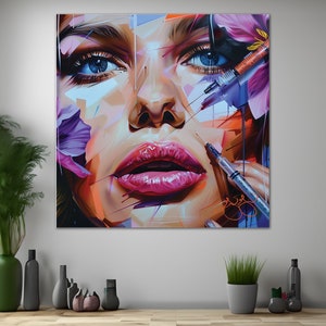 May include: A colorful abstract painting of a woman's face with a syringe near her lips. The painting is done in a style that is reminiscent of graffiti art. The woman's eyes are blue and her lips are pink. The background is a mix of purple, blue, and orange.