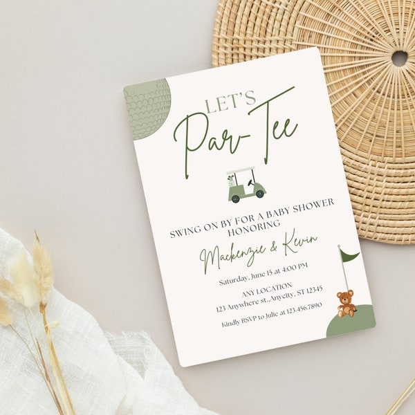 Faire-parts pour baby shower de golf, modèle d'invitation sur le thème du golf, sexe neutre, shower de couple, baby shower mixte, baby shower de golf, modifiable