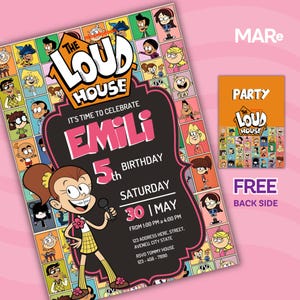May include: A The Loud House birthday party invitation featuring a cartoon image of Lori Loud, the oldest sister, holding a microphone. The invitation is for a 5th birthday party for a girl named Emili. The invitation includes the date, time, and location of the party. The invitation is decorated with a cartoon border of the Loud House characters.
