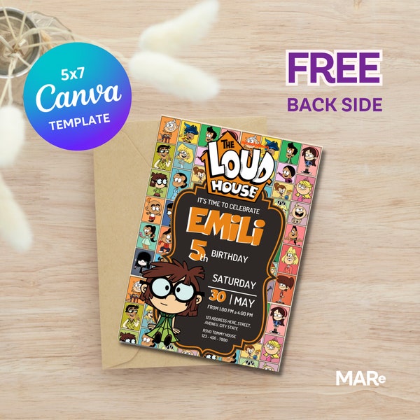 The Loud House Editable birthday invitation template, Lisa Loud, The Birthday Digital Invitation, Template edit CANVA, The Loud House, 7x5