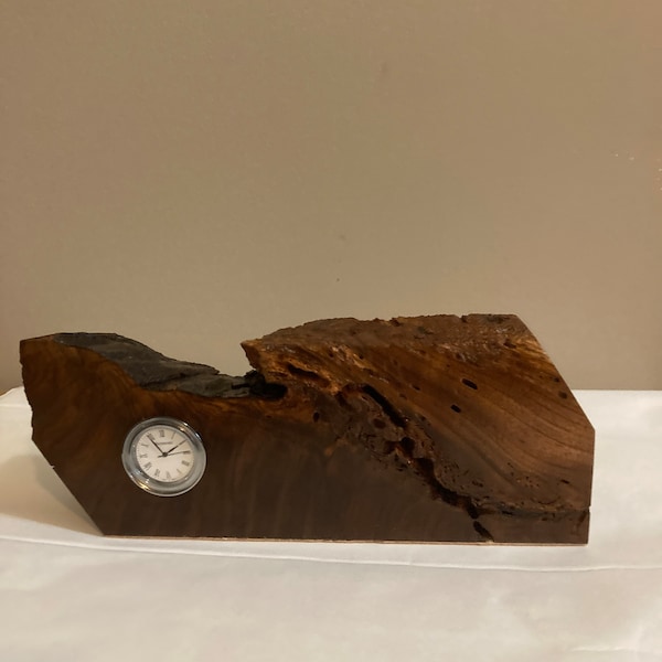 Desk clock, Solid walnut, Live edge, 10"x 4"x 2", Waterford clock movement, Hand made and finished with a glass like satin finish