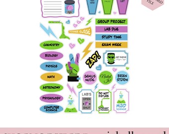 Science Planner Stickers SVG, Frankenstein Beaker Lightning Bolt Stickers, Student Study Planner Digital Download