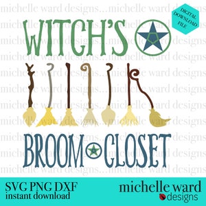 May include: A green and white graphic design with the text "WITCH'S BROOM CLOSET" and a five-pointed star. There are five broomsticks with yellow and brown bristles.