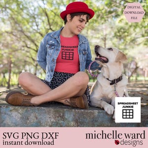 May include: A woman wearing a red hat and a red t-shirt with the text "READSHEET JUNKIE" and a grid design, sitting next to a yellow Labrador dog. The image also includes the text "DIGITAL DOWNLOAD FILE" and "SPREADSHEET JUNKIE".