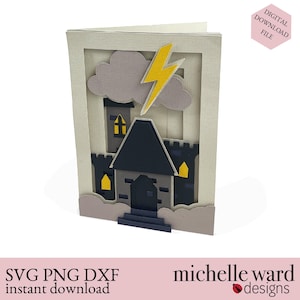Pode incluir: Cartão de papel em camadas com um design de castelo com telhado escuro, paredes cinzentas e janelas amarelas. Um raio amarelo e uma nuvem cinzenta estão acima do castelo. O cartão tem o texto "SVG PNG DXF instant download" e "michelle ward designs".