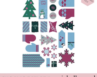 Christmas Sticker Sheet SVG, Winter Planner Stickers, Penguins in Hats, Snowflake & Tree Stickers, Holiday Quote Stickers, Snow Time SVG