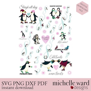 May include: A digital download file featuring various penguin illustrations in winter attire. The design includes penguins ice skating, wearing scarves, and the phrases "Sleigh all day," "Sweater Weather," and "Let's skate!" The file is labeled "DIGITAL DOWNLOAD FILE."