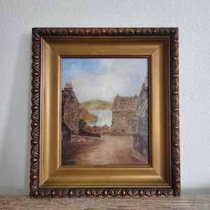 Vintage Original Landscape Oil Painting on Wood - Framed in Dark Gold Ornate Solid Wooden Picture Frame