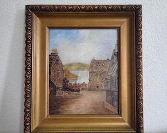 Pintura al óleo de paisaje vintage sobre madera - Marco dorado ornamentado
