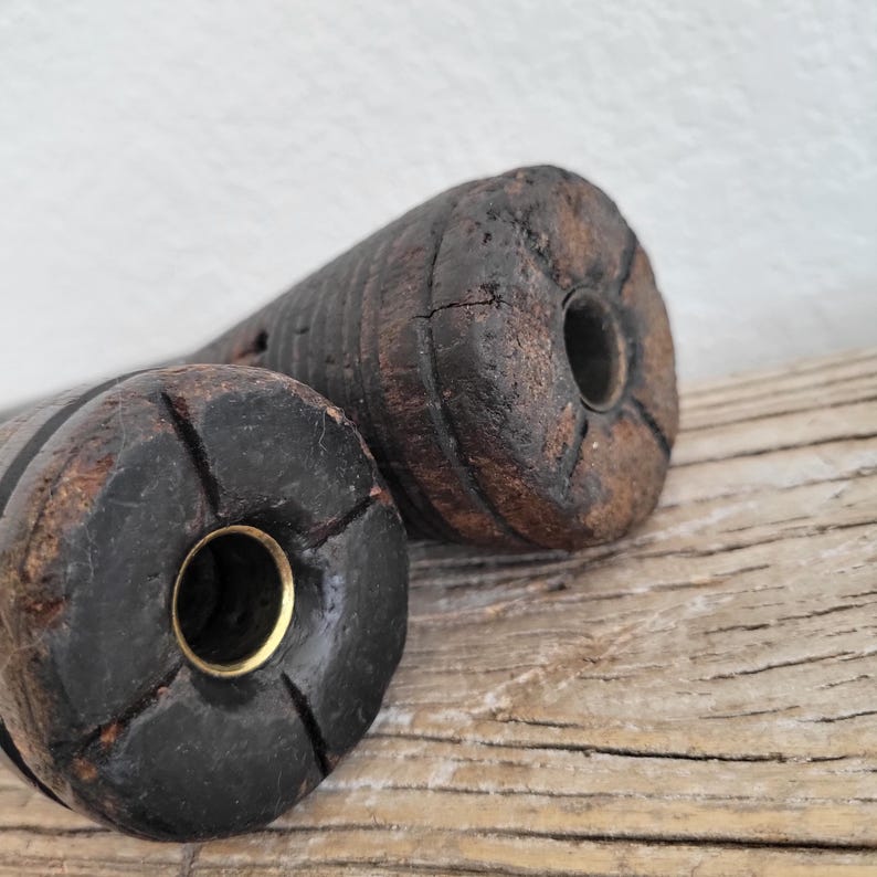 Antique Primitive Wooden Beehive Bobbin Spools With Metal Details - Set ...