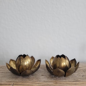 Vintage solid brass ornate lotus flower candlestick holders - sold as a pair