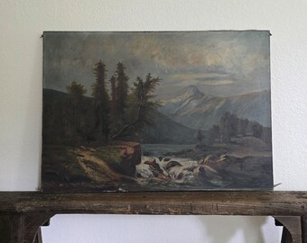 Large antique moody landscape oil painting on canvas (24 x 34 inches)